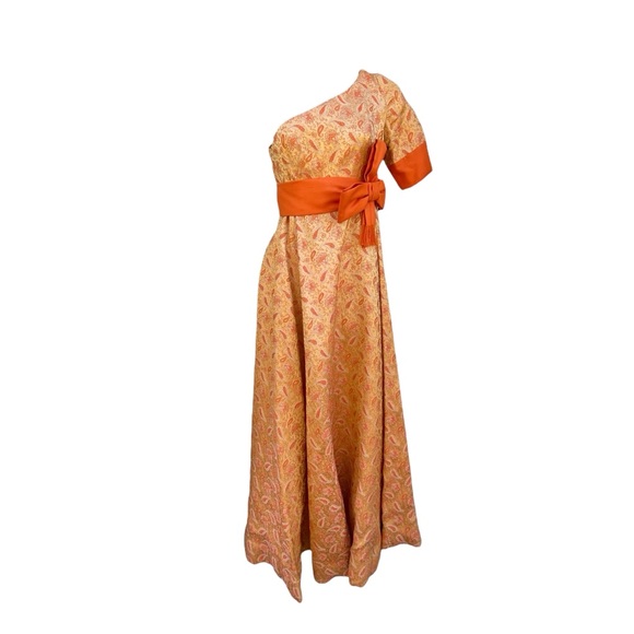Vintage Dresses & Skirts - Mint 60’s Empire Waist One Shoulder Floral Brocade Tapestry Draped Maxi S Stun